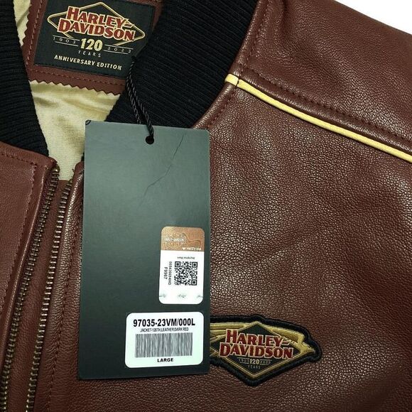 Harley-Davidson Bomber Jacket Mens L Dark Red Leather 120th Anniversay Edition - Picture 9 of 9